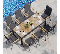 Set di Arredo da Giardino 8 Persone, Set di Tavolo 189 cm Design a Vena di Legno e 8 Sedie Impilabili da Esterno in Alluminio, Ideale per Cortile, Terrazza o Ai Margini della Piscina(Effetto legno)