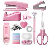 Set di articoli da ufficio rosa con due penne, set di articoli da ufficio con cucitrice, nastro adesivo, rimozione graffette, graffette, clip, forbici e linguette, regalo per donne, ufficio, scuola