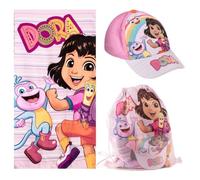 Set di asciugamani, cappello e zaino Dora l'esploratrice per spiaggia e piscina - set per bambini Dora l'esploratrice con cappello, asciugamano e sacchetto, set estivo per bambini e bambina completo