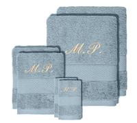 Set di asciugamani Personalizzati Ricamati - Asciugamani da bagno con Nome o Iniziali Ricamo - Morbidi e Assorbenti, 100% Cotone (2 A. toeletta + 2 A. mani + 2 A. bagno grande, Azzurro infarinato)