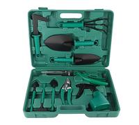 Set di Attrezzi da Giardinaggio Resistenti da 10 Pezzi con Scatola Organizer - Forbici in Ferro, Pale, Rastrelli, Spruzzatore per Lavori in Giardino e Piante Essenziali