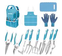 Set di attrezzi da giardino blu, 12 pezzi, utensili manuali da giardinaggio in alluminio con manico ergonomico, borsa organizer per articoli da giardino, ginocchiere, grembiule e guanti, regalo per
