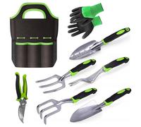 Set di attrezzi da giardino da 8 pezzi con borsa organizer - paletta a mano, spatola con scala, forchetta, rastrello, tagliaerbe, cesoie da giardino, guanti - Set di attrezzi da giardino per piantare