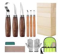 Set di attrezzi da intaglio in legno per bambini e principianti, con 8 pezzi in legno di tiglio, strumento regalo con 6 coltelli da intaglio, guanti, borsa in tela portatile e temperamatite