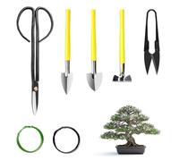 Set di Attrezzi per Bonsai 7 Pezzi, Include Forbici Lunghe, Tagliafoglie, Palette, Rastrello e Filo in Alluminio 5m, Acciaio Inossidabile Antiruggine