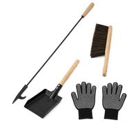 Set di Attrezzi per Camino, Kit da 4 Pezzi con Pigna, Pala e Scopa | Guanti in Maglia Spessa, Gancio Antincendio da 82 cm e Manici in Legno per la Pulizia del Lato Stufa