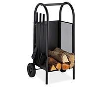 Set di attrezzi per camino, porta legna da ardere, porta legna da ardere, carrello per tronchi con ruote, trasportatore di legna da ardere con 3 set di attrezzi per camino, porta legna, braciere in f
