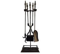 Set di attrezzi per camino, set di attrezzi per camino in ferro battuto con manico dorato, kit da 5 pezzi per la manutenzione della legna da ardere per interni ed esterni, include un supporto per una