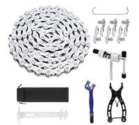 Set di attrezzi per catena della bicicletta, 10 velocità, 1/2 x 11/128 pollici, 116 maglie, include rompacatena, tester catena, lucchetto, pinze e spazzola, ideale per la manutenzione di mountain bike