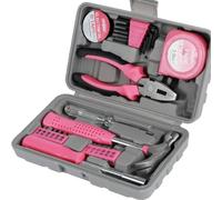 Set di attrezzi per la casa, mini cassetta degli attrezzi fai da te, piccola cassetta degli attrezzi riempita con attrezzi rosa per la riparazione (24 pezzi)