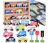 Set di automobili in legno con segnaletica stradale e tappetino da gioco
