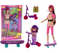 Set di bambole Defa Lucy con casco rosa, monopattino e skateboard
