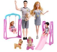 Set di bambole per 6 persone con mamma incinta, papà, 3 bambini e bambino nella pancia, include scivolo, altalena e cane