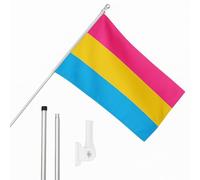 Set di bandiera pansessuale, asta e supporto da parete, 1,5 x 0,9 m, bandiera pansessuale con occhielli, asta estensibile e supporto, decorazione per interni ed esterni, LGBTQ+, festival e
