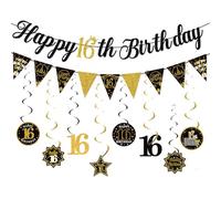 Set di bandierine per 16° compleanno, in carta nera e oro, con vortici appesi, 16 decorazioni per feste per ragazzi e ragazze