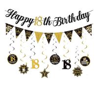 Set di bandierine per 18° compleanno, in carta nera e oro, con vortici appesi, 18 decorazioni per feste per ragazzi e ragazze