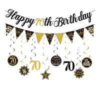 Set di bandierine per 70° compleanno, in carta nera e oro, con vortici appesi, 16 foto per feste, decorazioni per uomini e donne