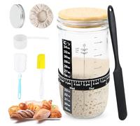 Set di base per lievito naturale, 900 ml, con coperchio in legno, tappo in alluminio, elastico, carta termometro, spatola in silicone, cappello in tessuto, etichetta, misurino, coltello per cuocere il