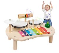 Set di batteria per bambini 5 in 1 Giocattoli musicali educativi per bambini arrotondati in legno con slot di stoccaggio Strumenti musicali illuminanti per sicuri, set di batteria per