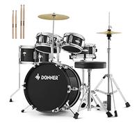 Set di batteria per bambini, 5 pezzi, per principianti, 35,6 cm, completo con trono regolabile, piatto, Hi-Hat, pedale e bacchetta, colore nero metallizzato