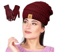 Set di berretto e guanti - Set di guanti caldi e impermeabili al, guanti tattili caldi e berretto - per ragazze in esecuzione a passeggio per cane, escursionismo, neve all'aperto, Vino rosso, Se