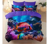 Set di biancheria Animale Oceano Pesce Corallo, Viola Morbido Microfibra Reversibile Copripiumino, 150 x 200 cm Facile Da Pulire Copripiumino Con Cerniera Nascosta