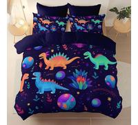 Set di biancheria Cartone Animato Pianeta Cucciolo Di Dinosauro, Viola Scuro Morbido Microfibra Reversibile Copripiumino, 150 x 200 cm Facile Da Pulire Copripiumino Con Cerniera Nascosta