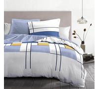 Set di Biancheria da Letto 140x200 cm - 2 pezzi - Percalle di Cotone Morbida - Copripiumino + Federa - Bianco & Blu Indigo - Modello L'intrigante