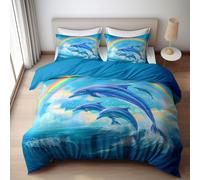 Set di biancheria da letto 3 pezzi singolo 180 x 220 cm, Cartone Animato Fantasy Arcobaleno Delfino copripiumino in microfibra 3D, set regalo per adulti e adolescenti con copripiumino e federa Blu