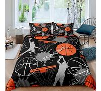Set di biancheria da letto a tema basket per bambini, copripiumino sportivo per bambini e adolescenti, 1 copripiumino con 2 federe, colore nero e arancione, Super King