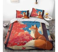 Set di biancheria da letto a tema volpe, set copripiumino in tre pezzi con adorabili volpi rosse con motivi di fiori di ciliegio e foglie d'acero, set di biancheria da letto in stile anime a tema