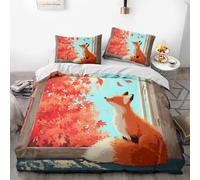 Set di biancheria da letto a tema volpe, set copripiumino in tre pezzi con adorabili volpi rosse con motivi di fiori di ciliegio e foglie d'acero, set di biancheria da letto in stile anime a tema