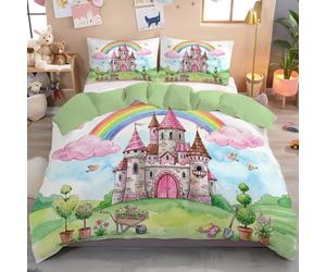 Set di Biancheria Da Letto Castello Della Principessa Set Copripiumino Reversibile Parure Copri Piumino Singolo Tema Giardino Dei Sogni Morbido Traspirante con 1 federe, Adulti, Verde Chiaro