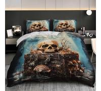 Set di Biancheria da Letto Cerniera e Morbido, Scrigno Del Tesoro Pirata Scheletro Copripiumino 240x220 cm, con 2 Federa 50x80 cm, Blu Copripiumino Everyday per Tutte le Stagioni