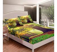 Set di biancheria da letto con albero della foresta, lenzuolo con angoli adulti, paesaggio naturale, set di lenzuola per letto con paesaggio bosco, 3 pezzi king