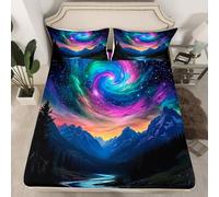 Set di biancheria da letto con angoli per letto king size, 3 pezzi, con sfumature colorate, galassie, nuvole e spirali, per bambini, adolescenti, adulti, decorazione con alberi della giungla, montagna