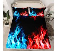 Set di biancheria da letto con angoli per letto singolo, 2 pezzi, motivo fiamme rosse e blu, per bambini, ragazze, ragazzi, decorazione per la stanza, lenzuolo moderno nero con tasca profonda, 1