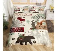 Set di biancheria da letto con animali del bosco, copripiumino super king size, con orso, alci, cervi, pini, animali selvatici, decorazione natalizia a scacchi, renna rossa
