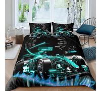 Set di biancheria da letto con auto da corsa sportiva Formula, copripiumino per bambini ragazzi e ragazze, motivo: sport estremi, morbido copripiumino con auto da corsa, blu turchese fresco