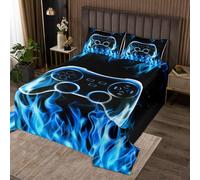 Set di biancheria da letto con copriletto con motivo videogiochi, per letto king size, motivo 3D, motivo fiamme blu, 3 pezzi, per donna, uomo e adulti, set moderno con copripiumino nero e 2 federe