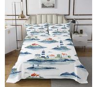 Set di biancheria da letto con copriletto trapuntato con faro nautico e città sul mare, per bambini, adolescenti, adulti, stile retrò, set di biancheria da letto, set da 2 pezzi