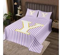 Set di biancheria da letto con copripiumino a righe per bambini, con lettera Y e 2 federe, motivo a righe viola e bianche, con 2 federe (king size)
