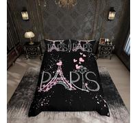 Set di biancheria da letto con copripiumino a tema romantico, motivo Torre Eiffel, per ragazzi e ragazze, colore: nero, rosa, camera da letto, moderno, francese, per letto singolo, con 1 federa