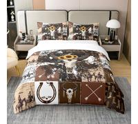 Set di biancheria da letto con copripiumino con teschio di toro per letto super king size, 100% cotone, motivo cowboy, per ragazzi e ragazze, stile fattoria, morbido copripiumino marrone kaki