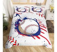 Set di biancheria da letto con copripiumino da baseball, adolescenti, baseball, gioco di baseball, colore bianco, rosso, blu, con palline, 3 pezzi, con cerniera, king size