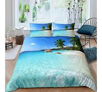 Set di biancheria da letto con copripiumino e 2 federe per letto matrimoniale con motivo oceano, ideale come decorazione per la spiaggia, ideale per le vacanze hawaiane, con palme tropicali, ,
