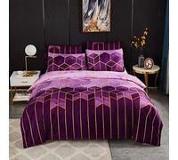 Set di biancheria da letto con copripiumino king size da donna viola con stampa geometrica geometrica metallica, esagonale, set copripiumino con 2 federe, per adolescenti e adulti, a righe, in