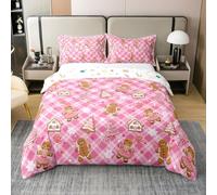 Set di biancheria da letto con copripiumino natalizio, 100% cotone, per ragazzi e ragazze, motivo omino di pan di zenzero, decorazione per camera da letto, 3 pezzi, rosa, marrone, bianco, con cerniera