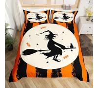 Set di biancheria da letto con copripiumino per Halloween, strega volante con scopa, strisce geometriche arancioni e nere, con stelle galassie, gatto nero, decorazione per camera da letto,