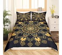 Set di biancheria da letto con copripiumino per letto matrimoniale, stile bohémien chic, motivo mandala, 3 pezzi, in morbida microfibra, decorativo, con cerniera, colore: oro
